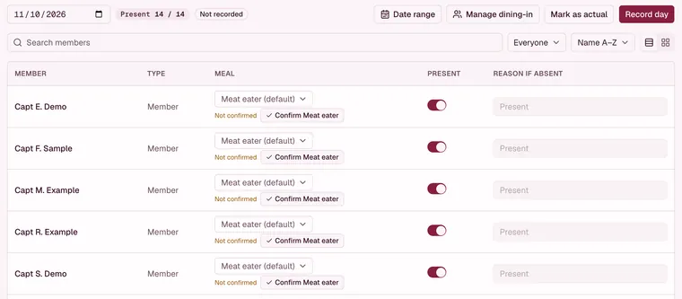 Demo unit dining-in roll for 11 October, not yet recorded: 14 of 14 present, each member with a meal type and a present toggle.