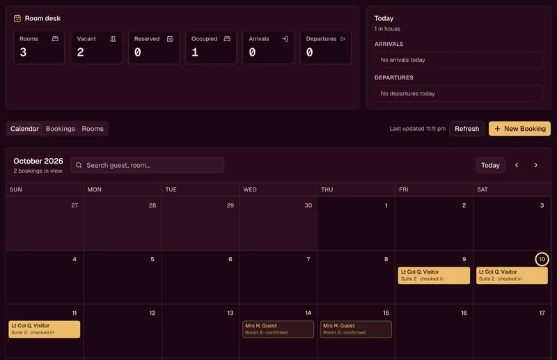 Demo unit room desk: three rooms, one occupied, and an October calendar with a checked-in guest in Suite 2 and a confirmed booking.
