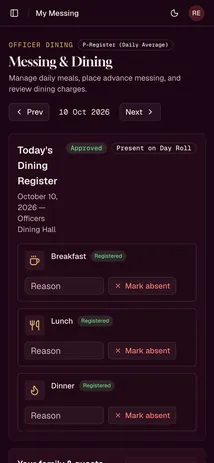 Demo unit: a member's day on a phone, with breakfast, lunch and dinner registered and a Mark absent button for each.