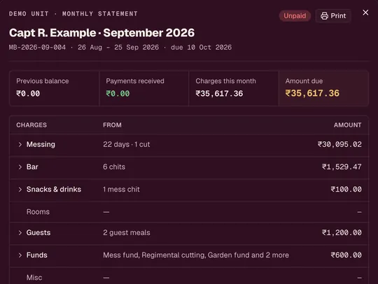 Demo unit statement for September 2026: previous balance, payments, charges and the amount due, with charges for messing, bar, snacks and drinks, guests and funds.